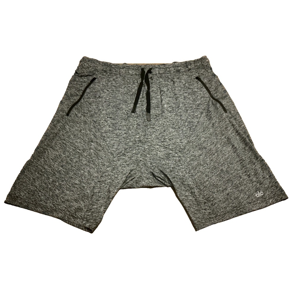 Alo Yoga Drop Crotch Shorts Mens XL Heathered Gray Gym Fitness Training Zip Cozy